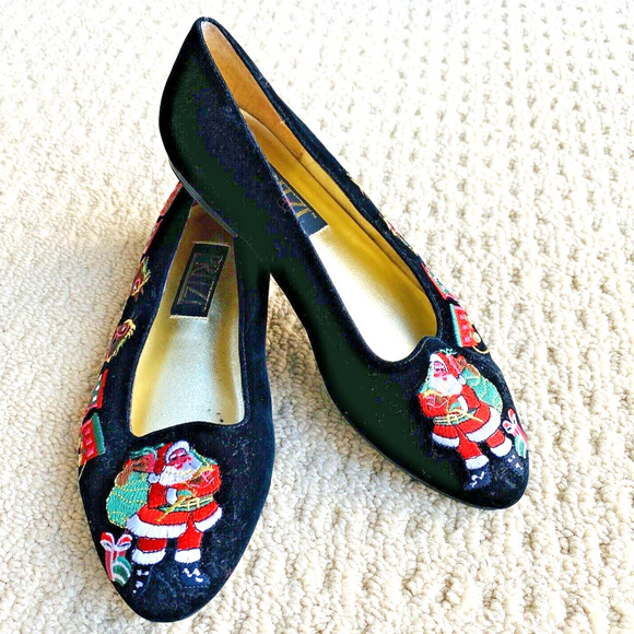 Vintage Pritzi Christmas Holiday Flats Dressy Shoes Black Velvet & Embroidery 7M - Picture 10 of 13